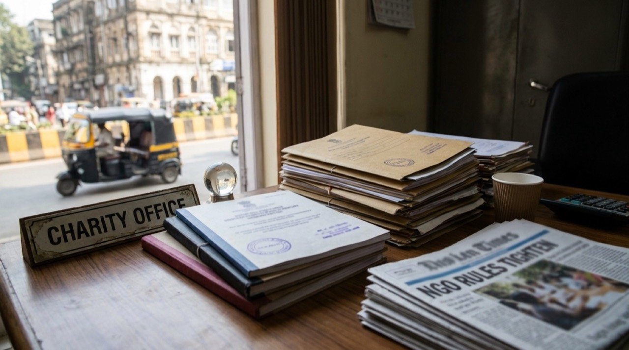 Government compliance documents and a charity office desk symbolising tighter FCRA rules for NGOs receiving foreign donations in India.
