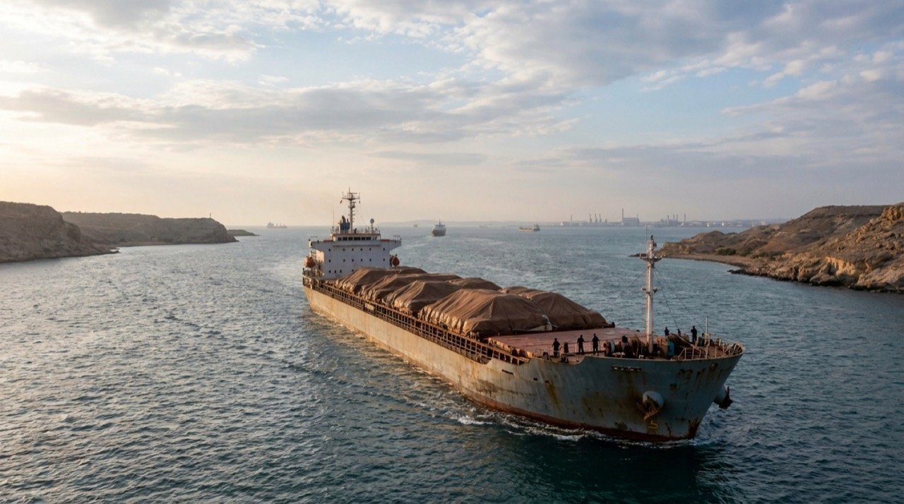 Cargo ship loaded with fertiliser sailing through the Strait of Hormuz towards an Indian port