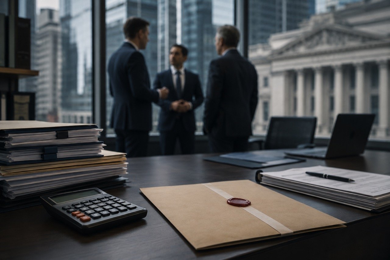 A corporate boardroom with financial documents and a gavel symbolising a bank-fraud investigation into a former CFO