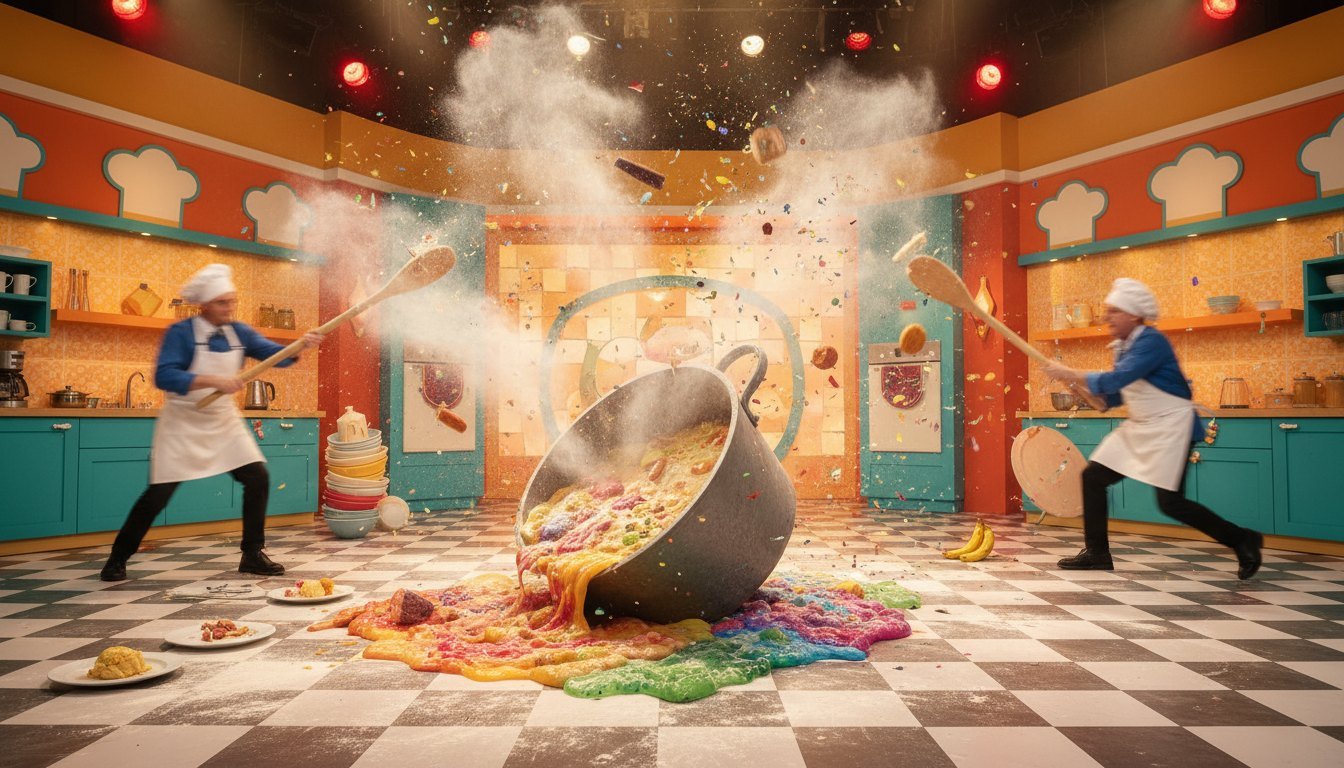 A chaotic comedy kitchen with chefs and food erupting from a giant pot, evoking Laughter Chefs