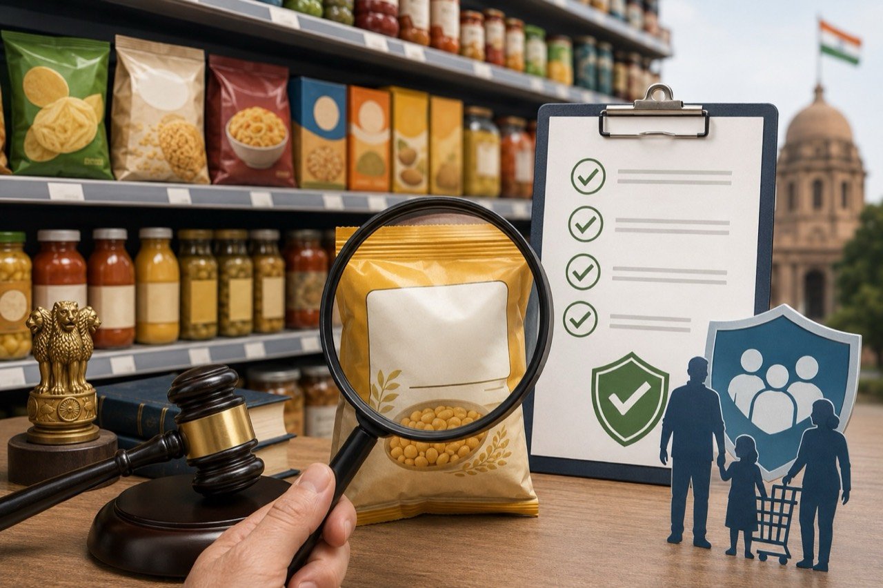 Supermarket shelf stacked with packaged Indian food products carrying percentage and purity claims, illustrating FSSAI's crackdown on '100%' labels.