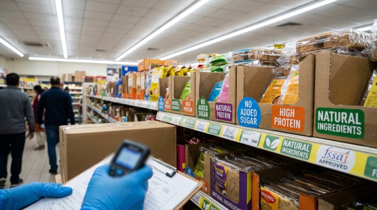 Packaged food products on a supermarket shelf displaying health claims such as 'no added sugar' and 'high protein' under FSSAI scrutiny.