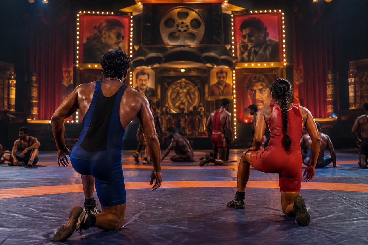 A wrestling ring under bright arena lights with a cheering Indian crowd, evoking the sports comedy spirit of Gatta Kusthi 2