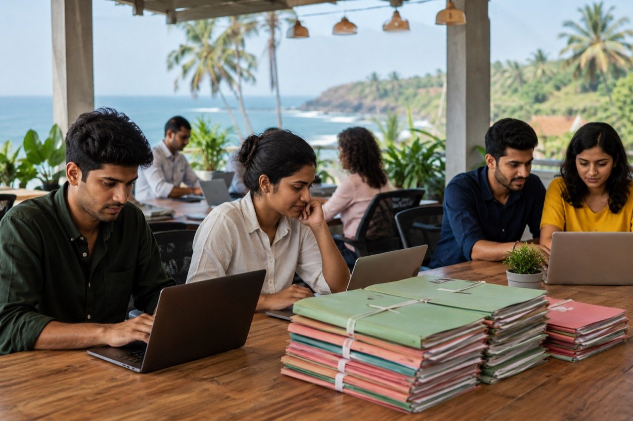 Young founders working on laptops in a bright Goa co-working space, with startup growth charts and the Goa coastline visible through the windows