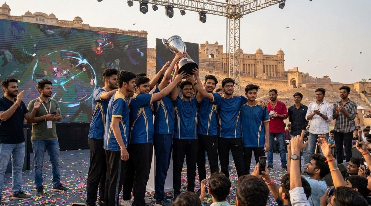 GodLike Esports players celebrate winning the BMPS 2026 BGMI Grand Finals trophy on stage in Jaipur