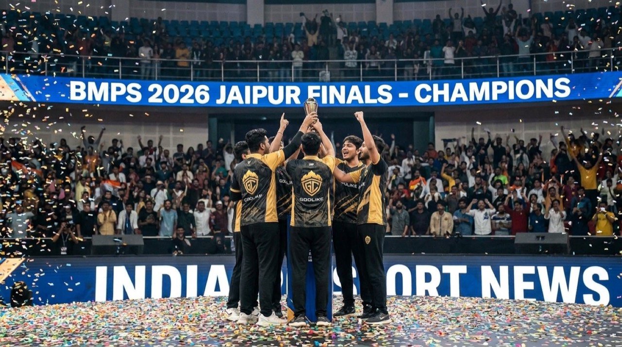 GodLike Esports players celebrating on stage after winning the BMPS 2026 final in Jaipur