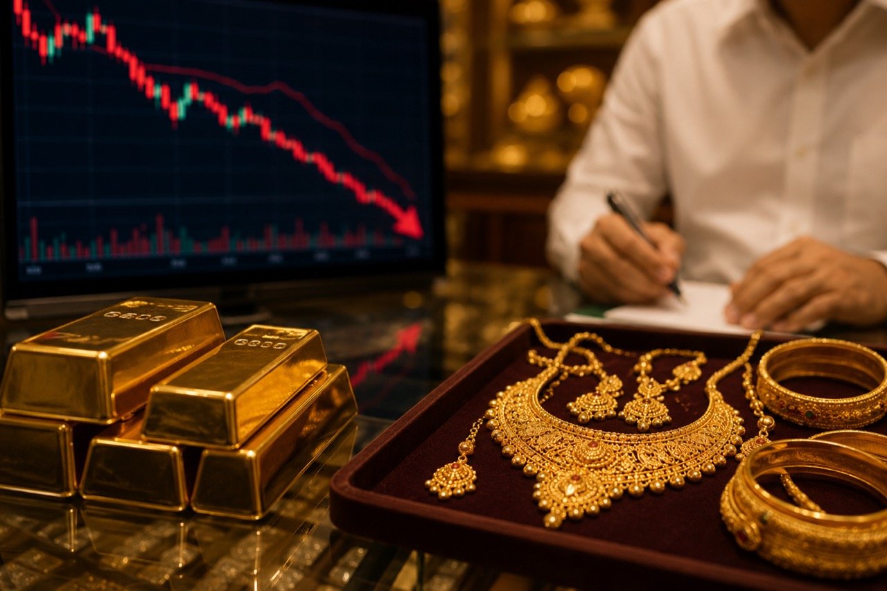 Gold bars and traditional Indian gold jewellery displayed with a price ticker, illustrating easing gold rates across major Indian cities