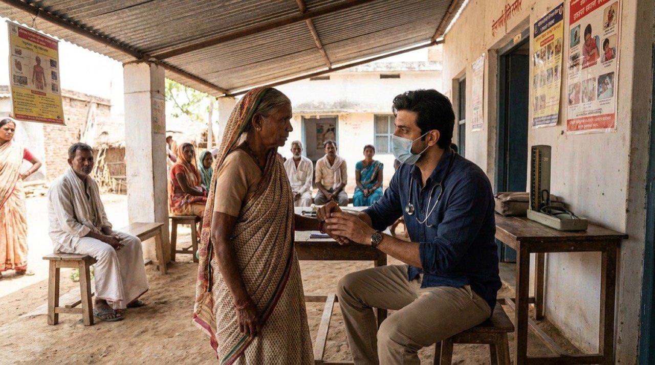 Gram Chikitsalay Season 2 still featuring Amol Parashar as a doctor at a rural village health centre in the TVF web series.