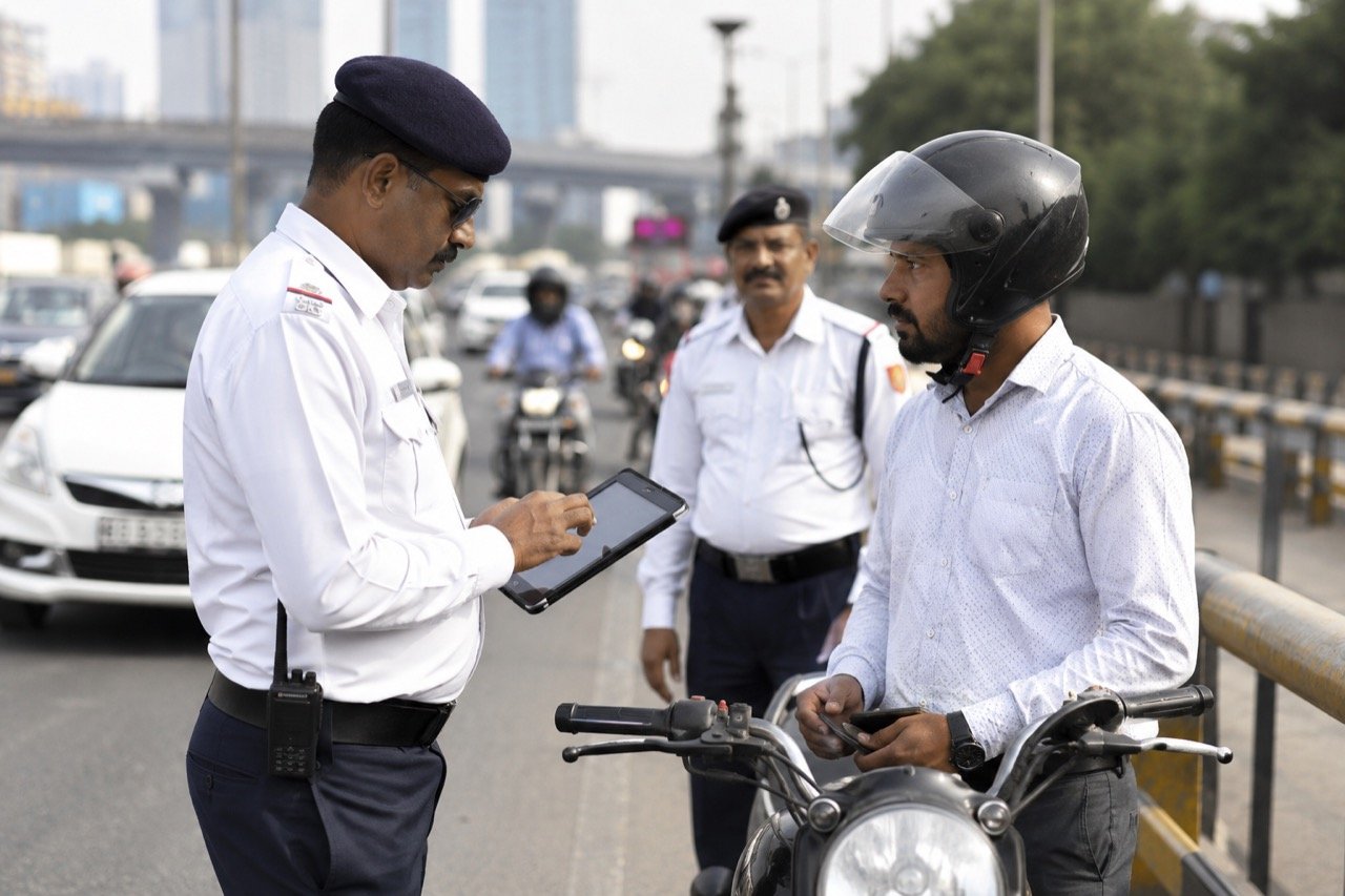 A motorcycle stopped at a Gurugram traffic checkpoint with a police officer checking challan records on a handheld device