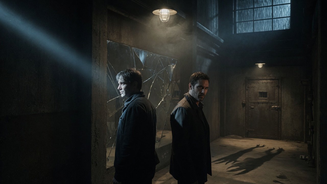 Two male leads stand in a dark, decaying room pierced by shafts of light, evoking the horror thriller Haiwaan