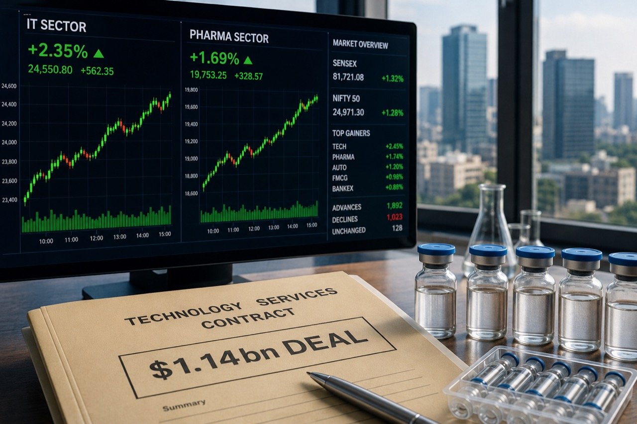 A stock market trading screen showing rising green candlestick charts for IT and pharma sector indices against a Mumbai skyline