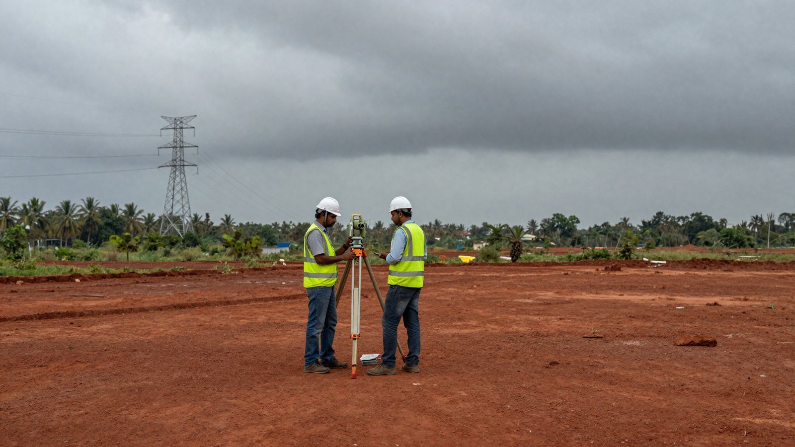 Surveyors with a theodolite on cleared red earth near Bhubaneswar under monsoon clouds, with transmission towers in the distance.