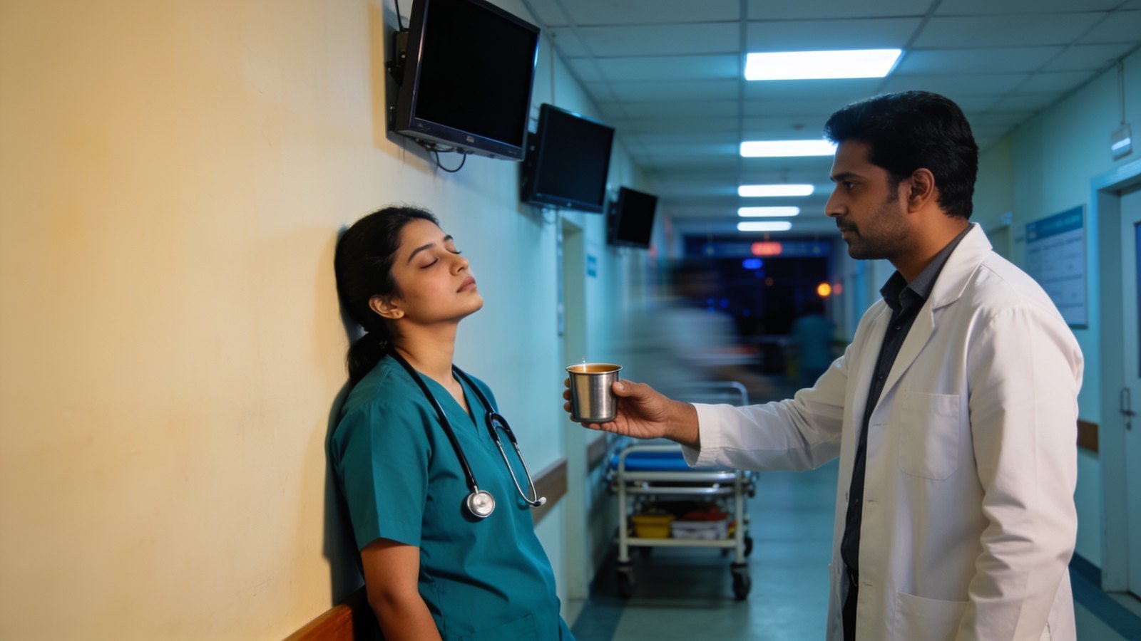 A tired young woman doctor in scrubs leans against a hospital corridor wall as a colleague offers her a cup of chai.