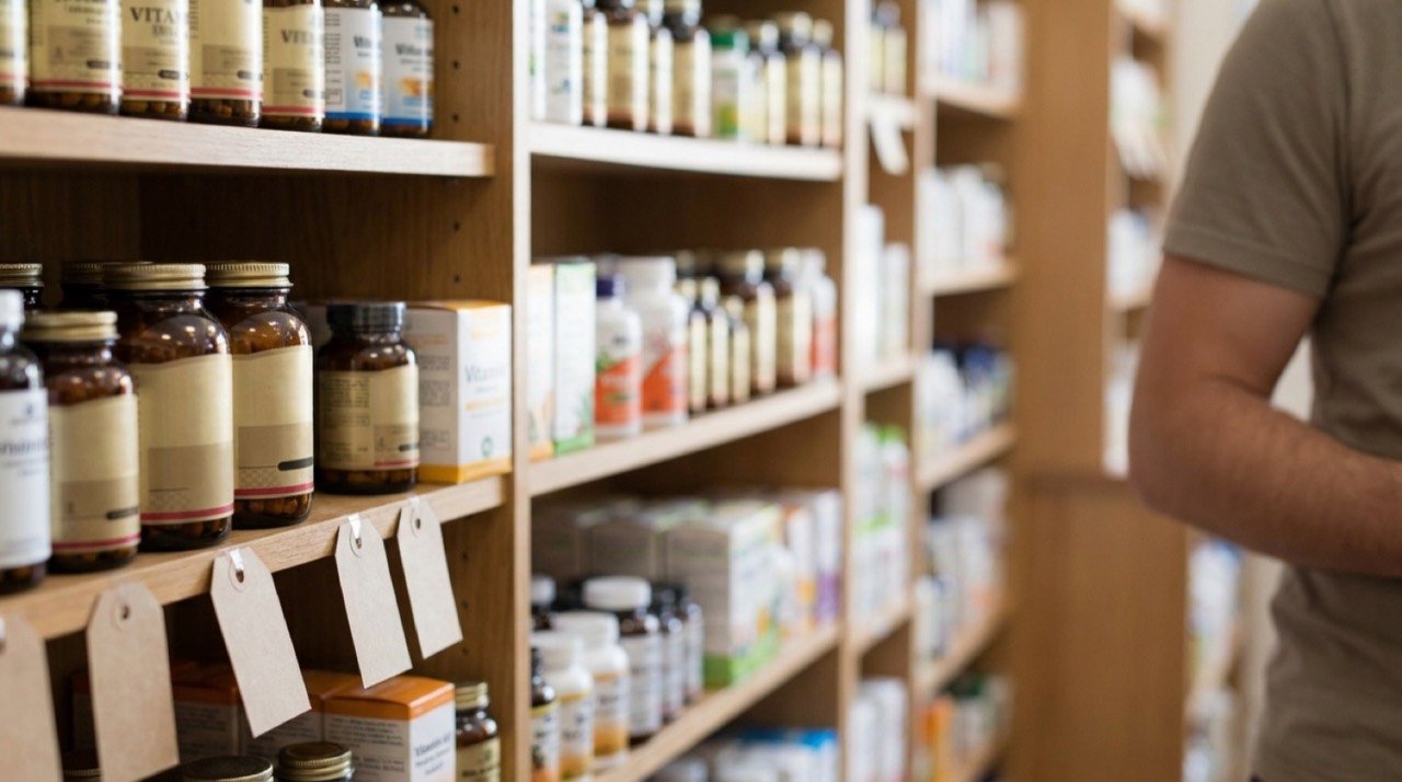 Wellness supplements and nutraceutical products on a shelf, illustrating Honasa Consumer's acquisition of Fluence Pharma
