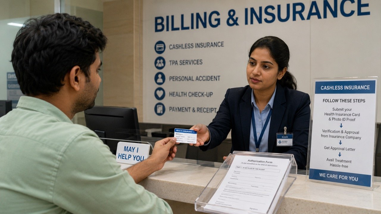 A hospital reception desk where a patient's family reviews health insurance documents with a staff member, insurance card in hand