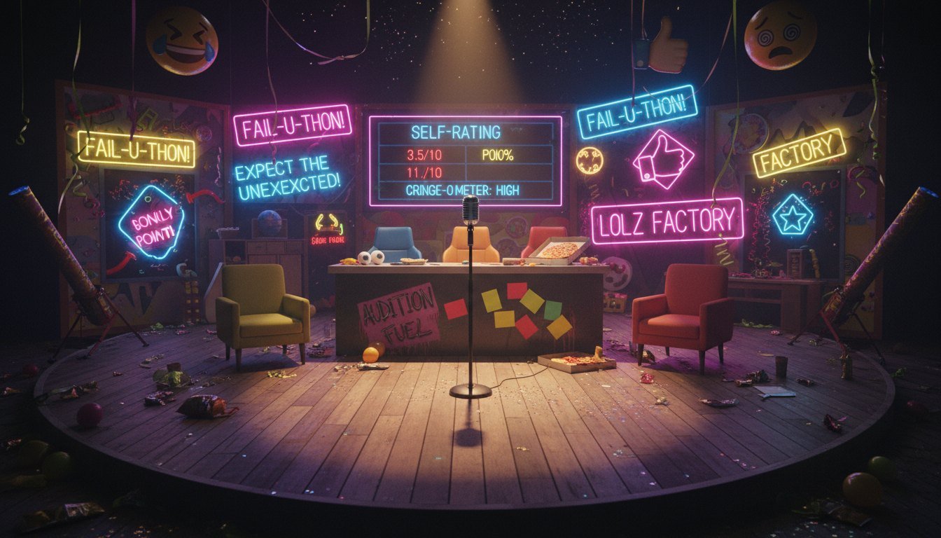 A neon-lit comedy roast stage with playful signs and a lone microphone, evoking India's Got Latent