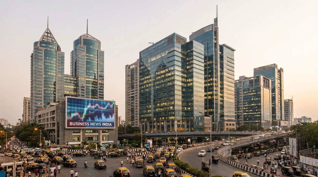 Skyline of corporate towers symbolising India's largest business conglomerates.