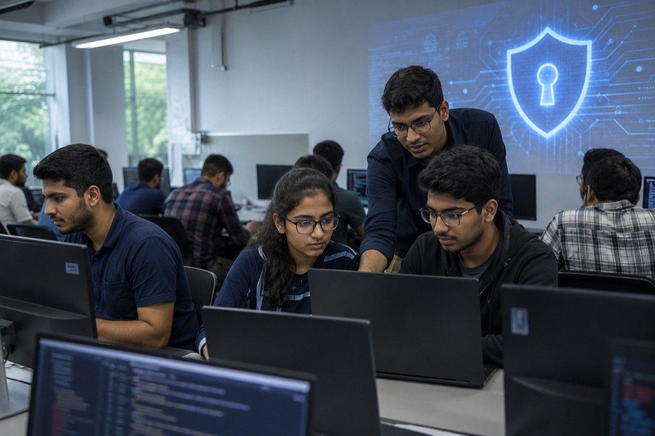 Students working at computer terminals in a dimly lit cybersecurity lab, with code and network monitoring dashboards glowing on large screens