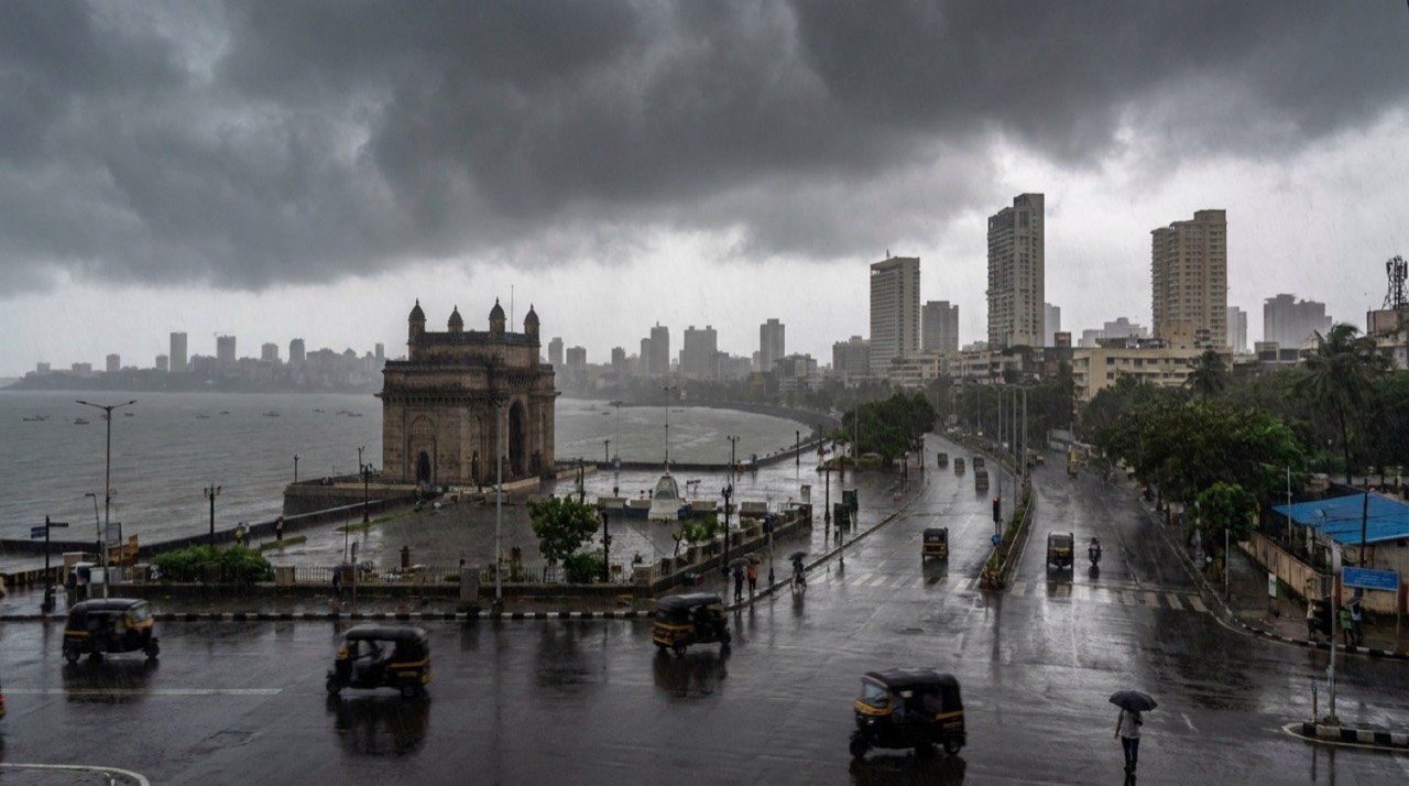 Monsoon rain clouds over the Mumbai skyline marking the IMD-confirmed Southwest Monsoon onset