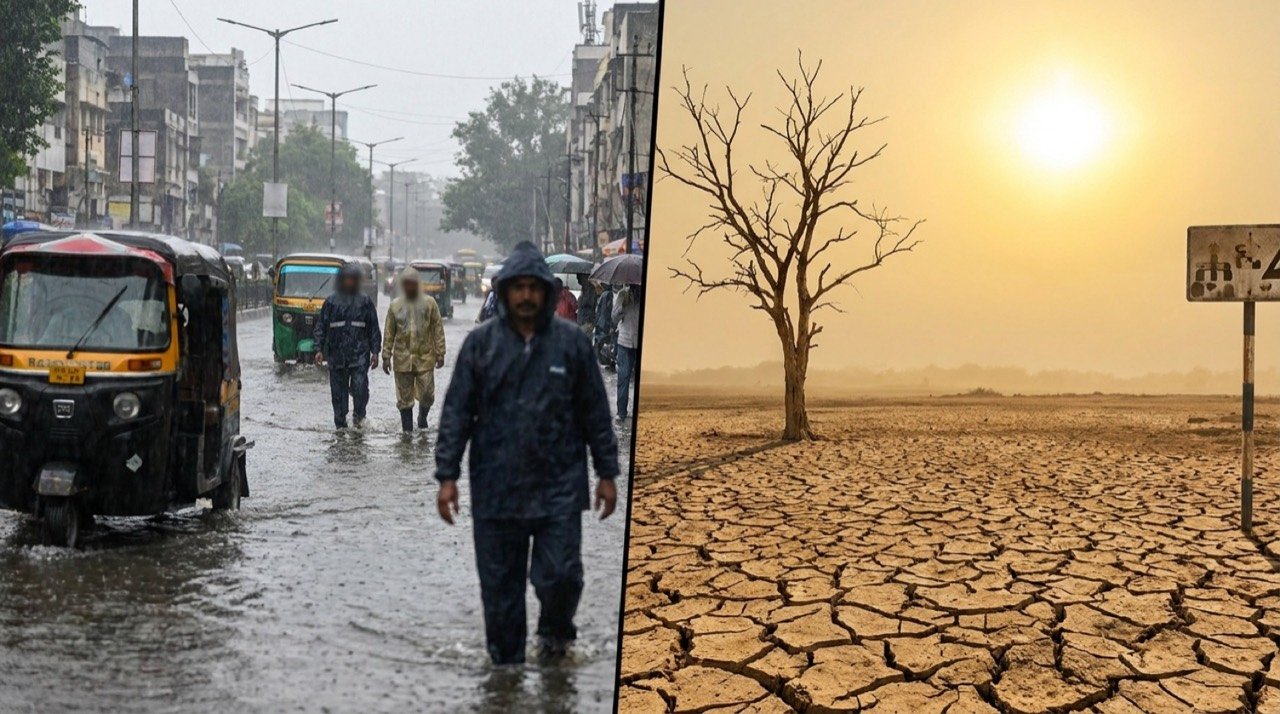 Split scene of monsoon rain flooding an Indian city street and a sun-baked landscape, reflecting IMD rain and heat alerts across India.
