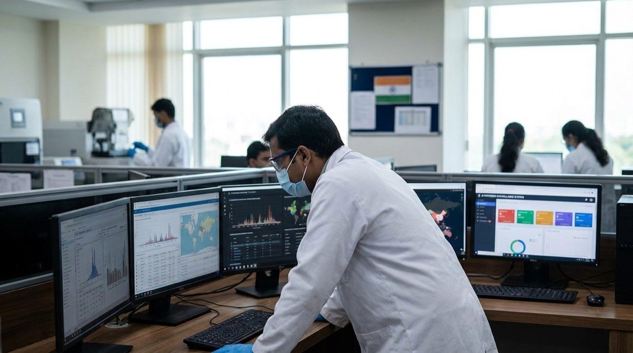A laboratory scientist analysing pathogen data on screens with AI-driven surveillance dashboards.