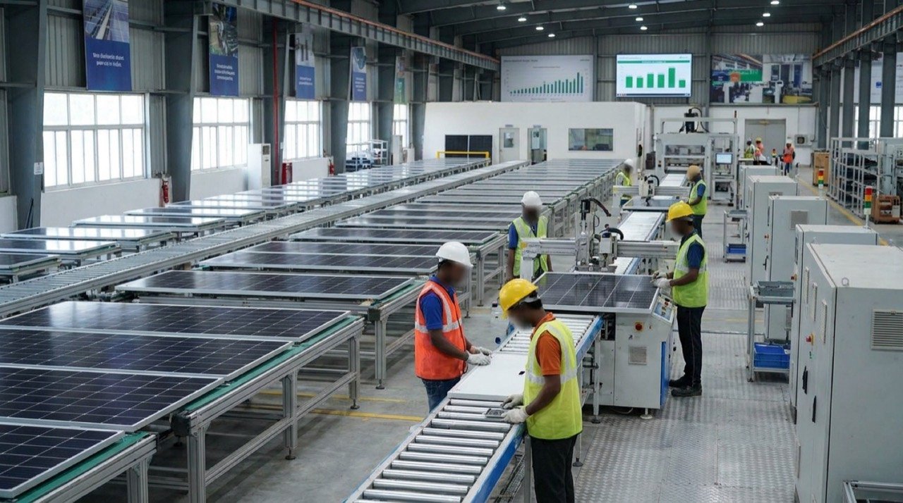 Rows of solar panels at an Indian photovoltaic manufacturing plant, illustrating India's push for domestic solar wafer and ingot production