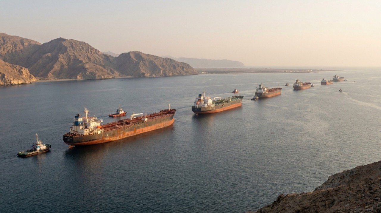 Oil and gas tankers transiting the Strait of Hormuz on a shipping route towards Indian ports