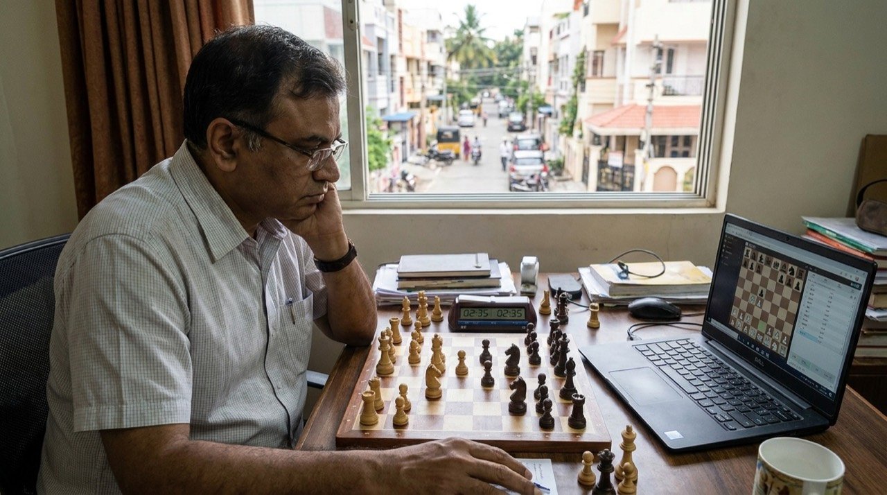 A chess grandmaster studying the board during an online tournament with a clock running.