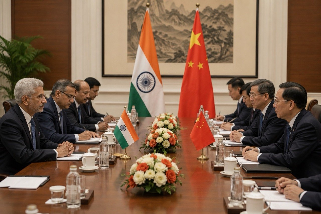 Indian and Chinese flags side by side, representing high-level India-China security talks in New Delhi
