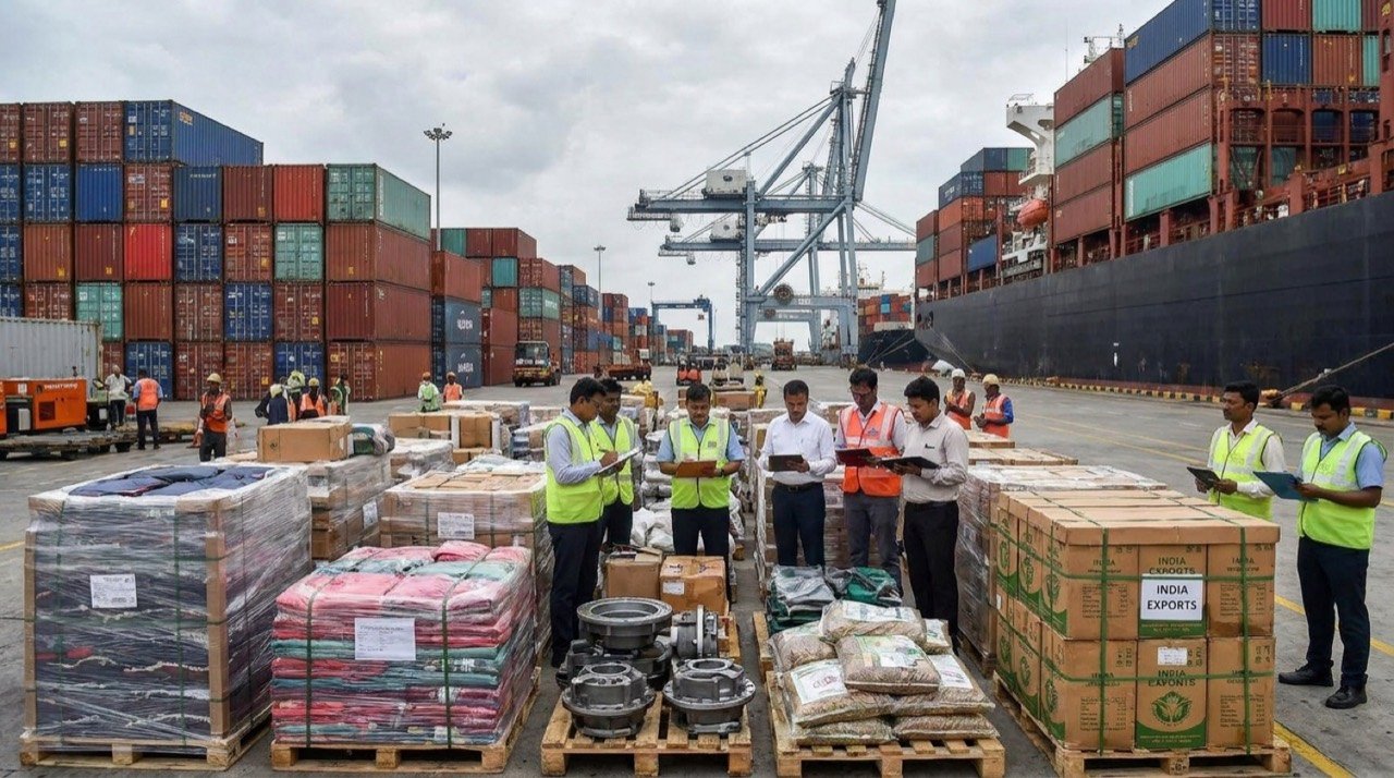 Indian export goods at a port as officials assess green trade barriers and free trade agreement risks
