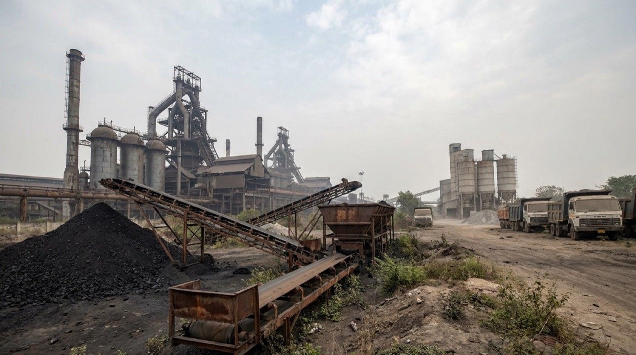 Industrial illustration of coal, steel and cement representing India's core infrastructure sector slowdown in May