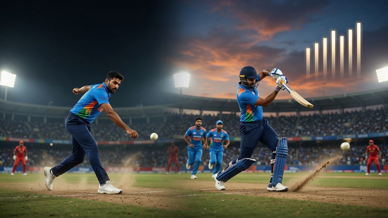 Indian cricketers bat and bowl under stadium floodlights during a one-day international