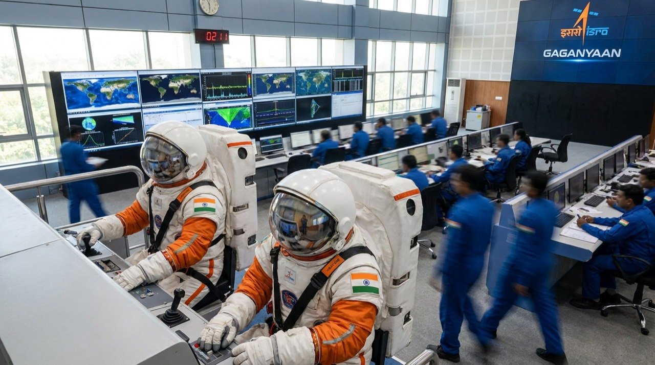 Astronauts in training inside a spaceflight simulation facility with mission control screens behind them.