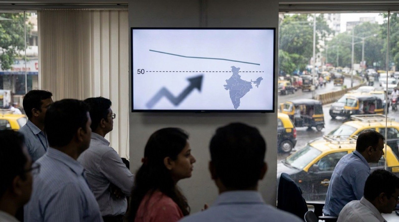 A line chart on a screen showing India's composite PMI easing while remaining above the 50 mark.