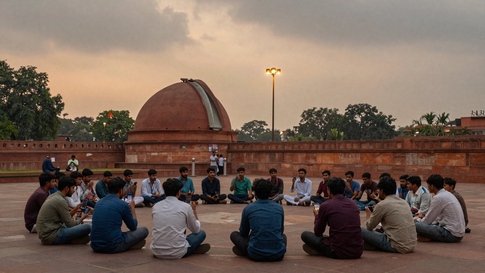 Young protesters gathered at dusk near the red sandstone instruments of Jantar Mantar in Delhi, holding phones with darkened screens.