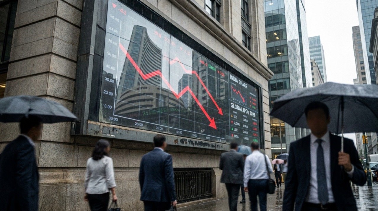 Stock market display board showing IPO listings, illustrating India's falling share of global IPO proceeds in 2026