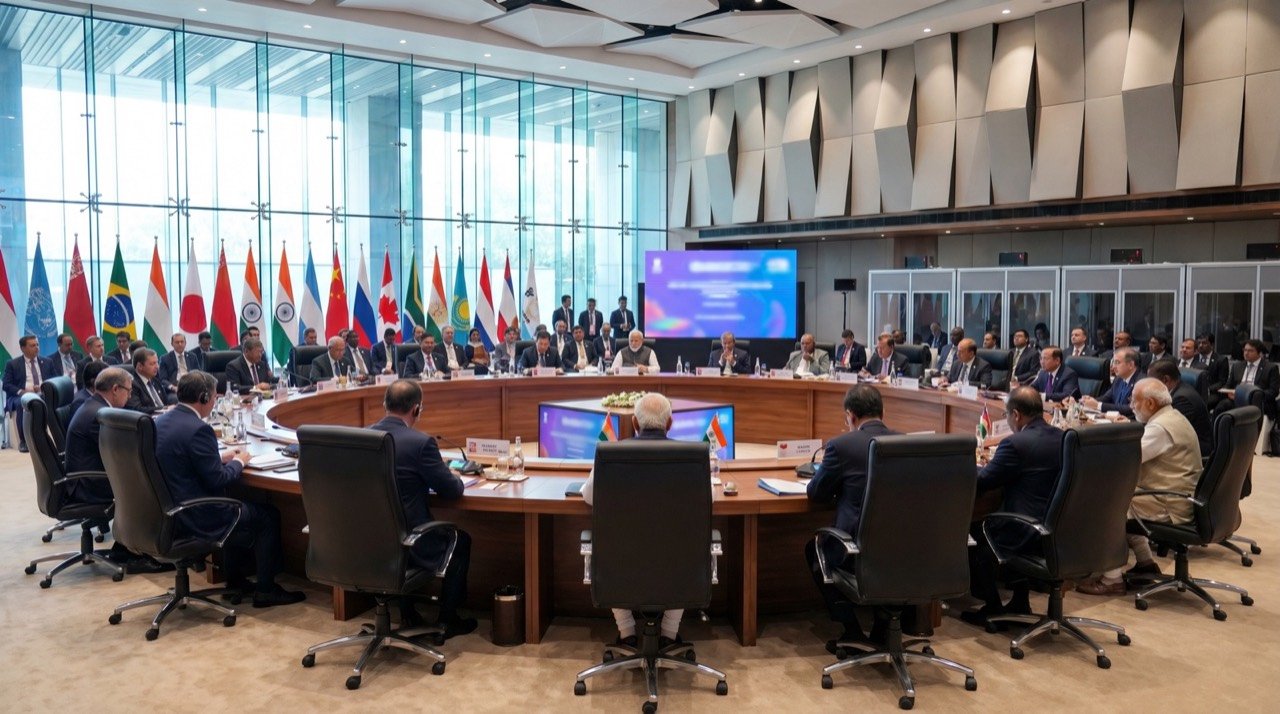 World leaders gathered around a conference table at the G7 summit venue in Evian, France.