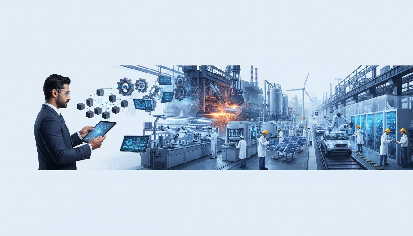 An analyst with a tablet before a modern Indian factory floor and industrial data, illustrating the revised IIP index