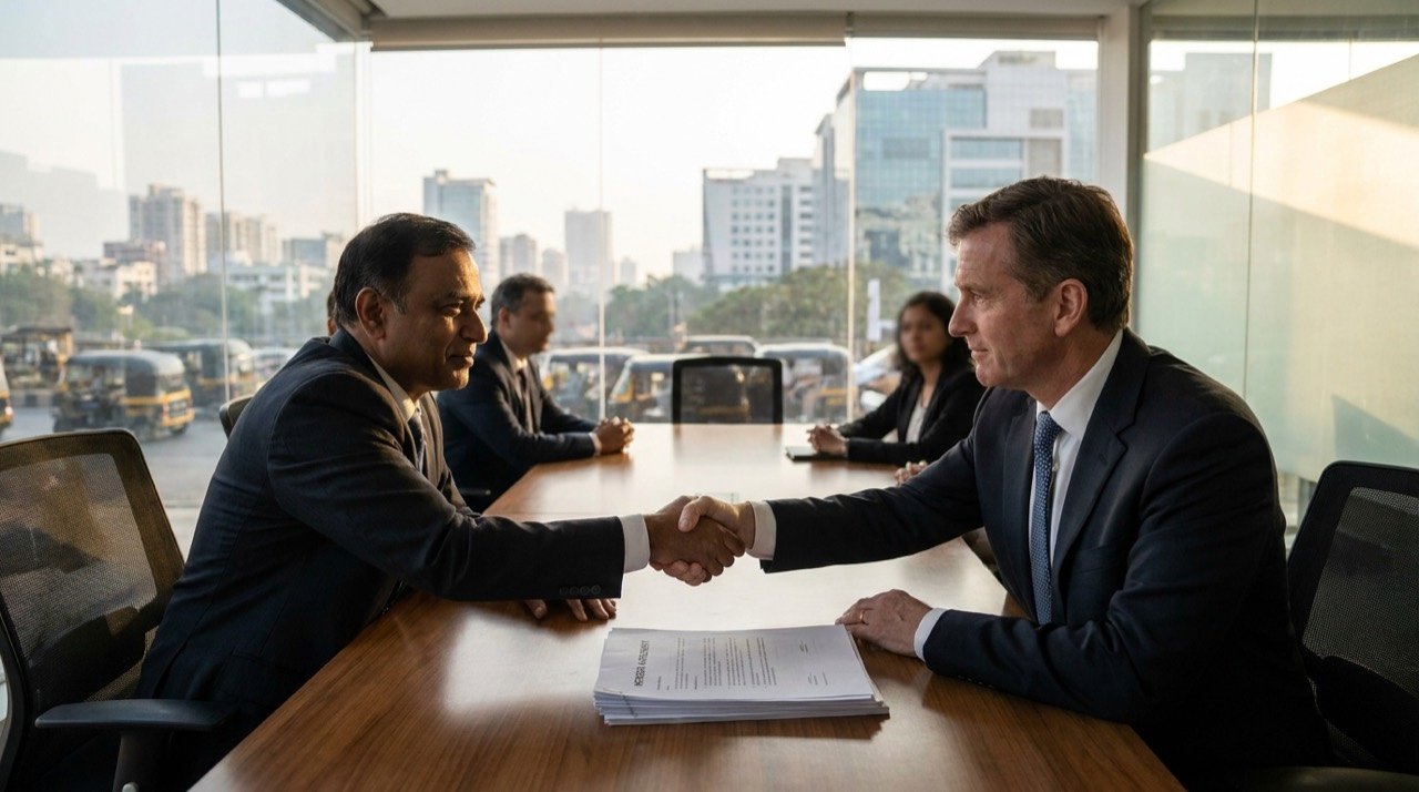 Business executives shaking hands over a corporate merger agreement document.