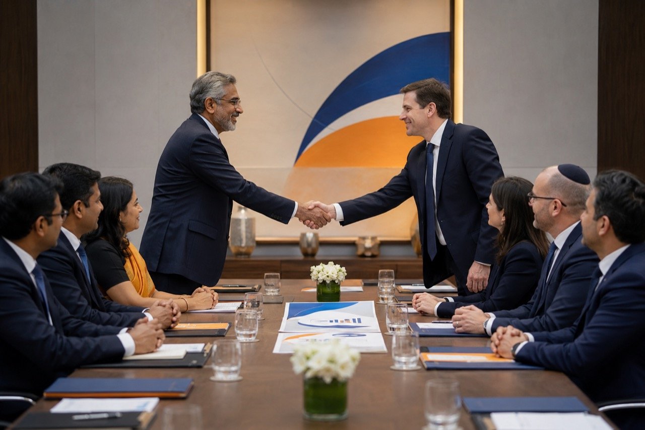 Indian and Israeli national flags side by side above a handshake between business leaders, representing the bilateral investment agreement coming into force