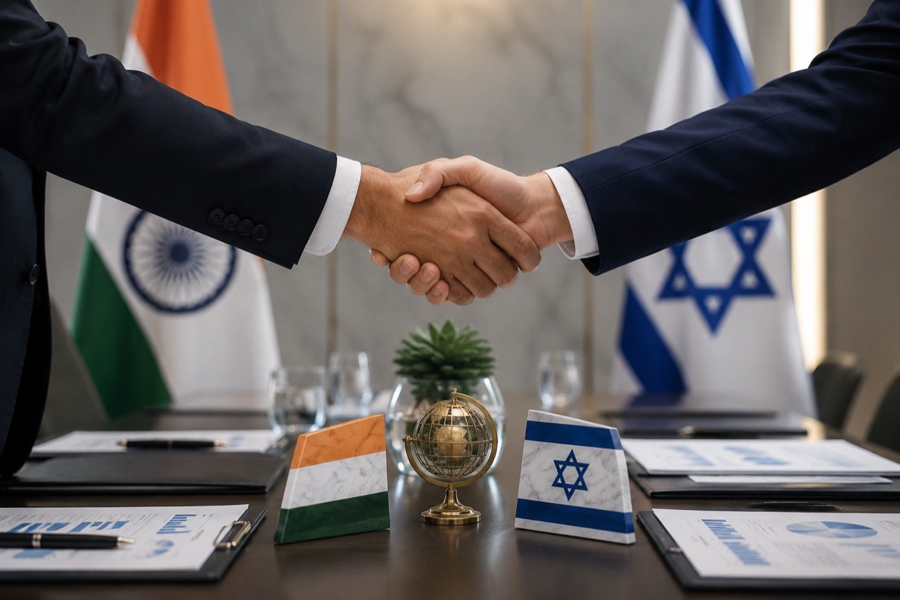 Indian and Israeli flags side by side on a conference table during a bilateral signing ceremony, with officials shaking hands in the background