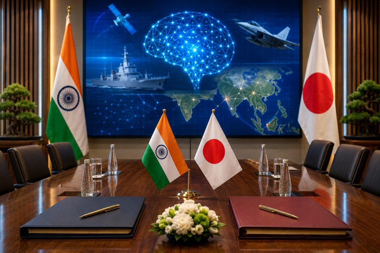 Indian and Japanese leaders shaking hands before their national flags, with motifs of semiconductors, naval ships and AI circuitry in the backdrop