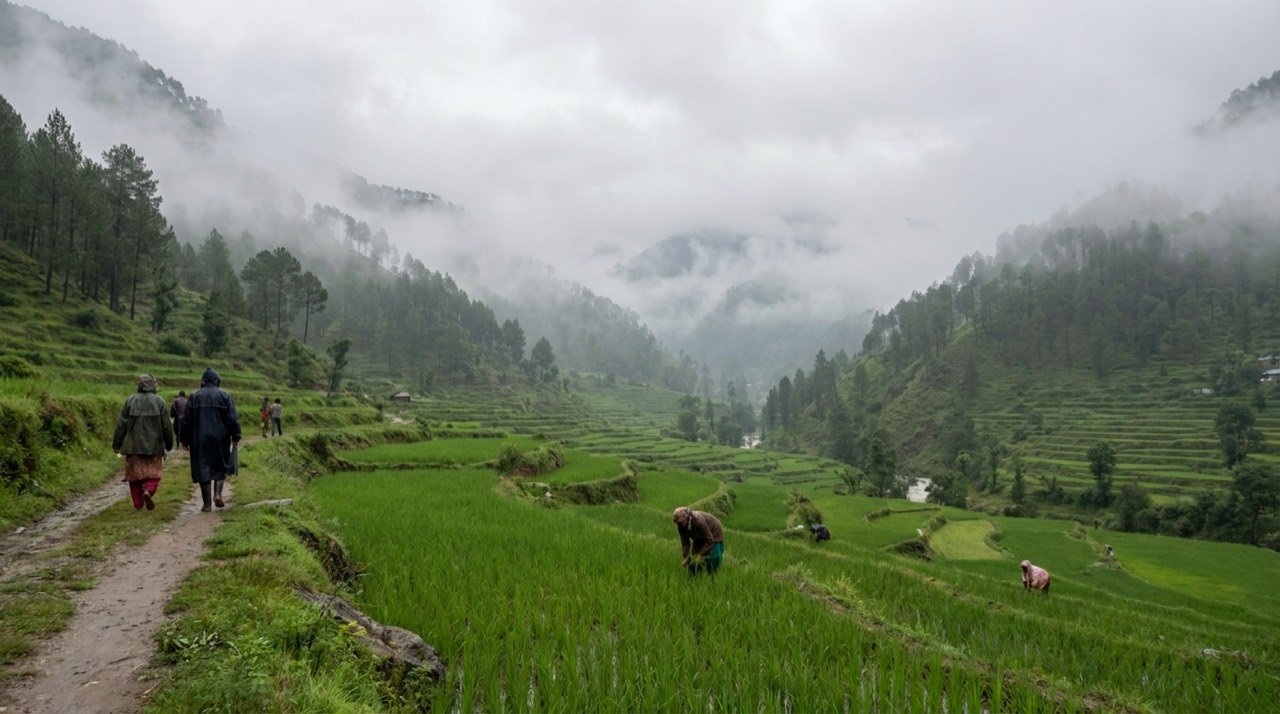 Mist curling over green paddy terraces and pine hills in a quiet Himalayan valley during the monsoon.