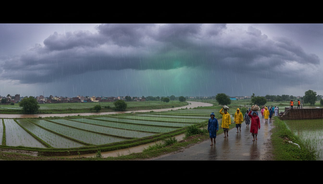 Monsoon storm clouds over green paddy fields as villagers in raincoats walk a wet path, illustrating India's divided monsoon