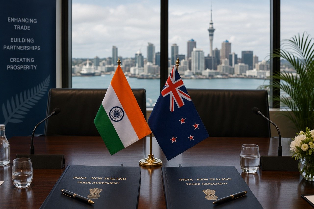Indian and New Zealand flags displayed together outside a government building ahead of a diplomatic visit, symbolising growing trade ties