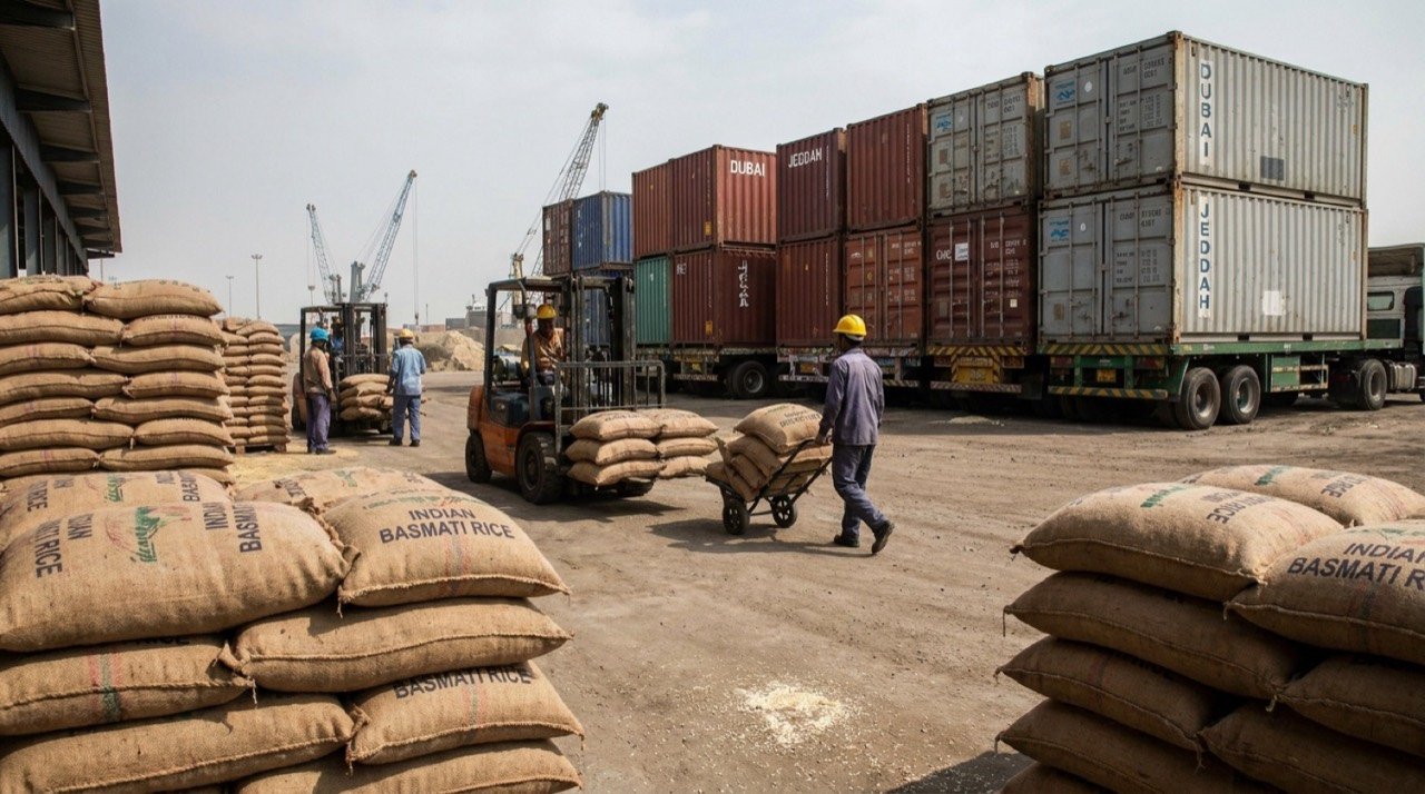 Sacks of premium Indian basmati rice at an export mill, with Gulf-bound shipping containers in the background.