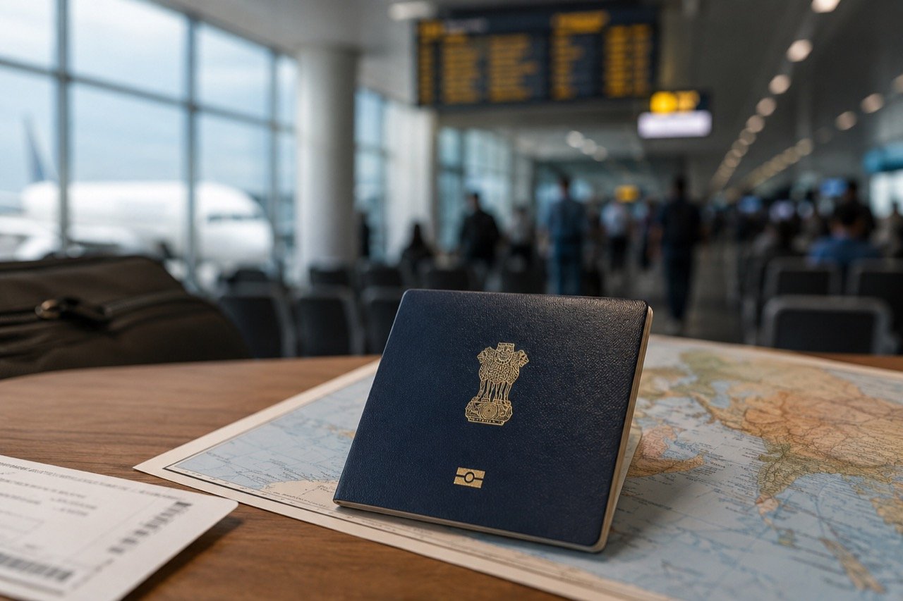 An Indian passport resting on a world map beside a boarding pass and visa stamps, symbolising global mobility and questions of citizenship documentation