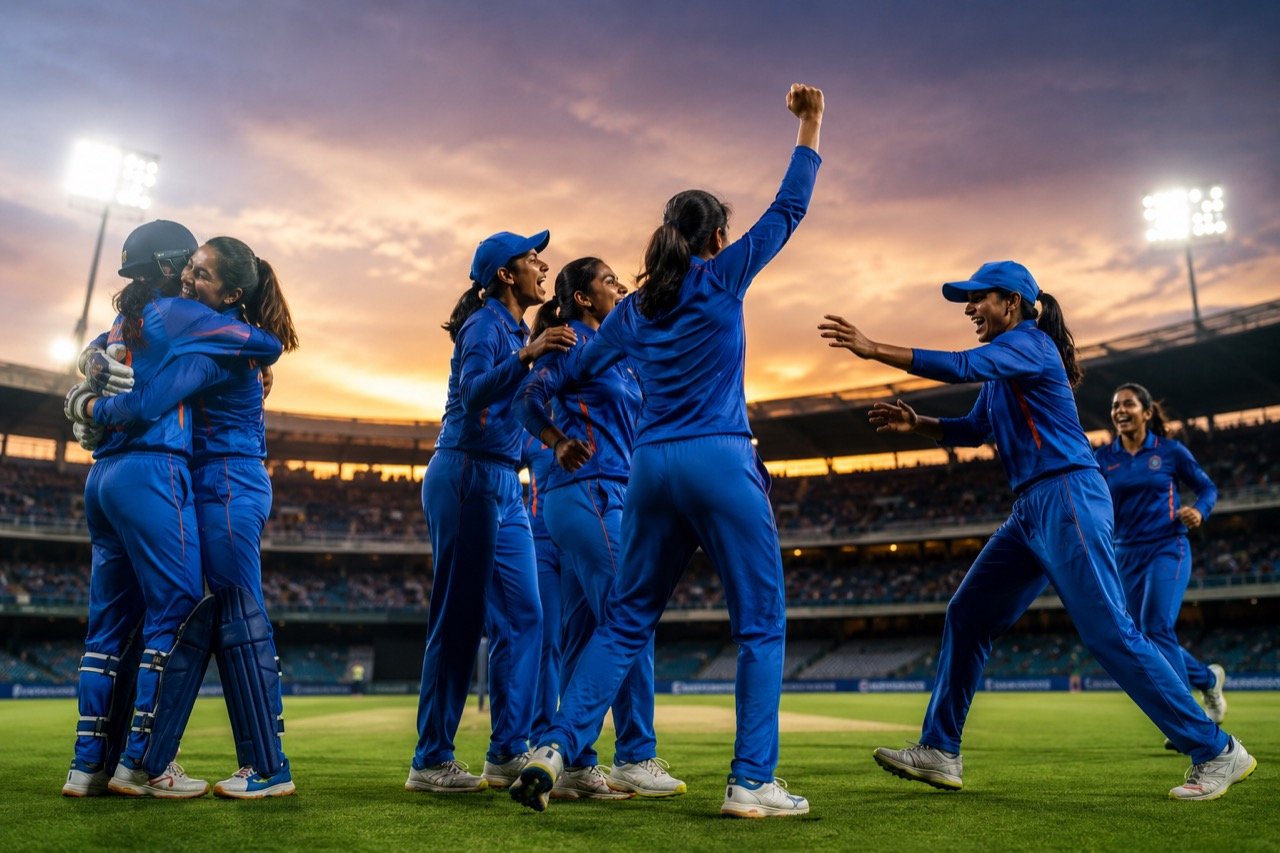 Indian women cricketers celebrating on a floodlit pitch with the Olympic rings and Los Angeles 2028 branding in the background