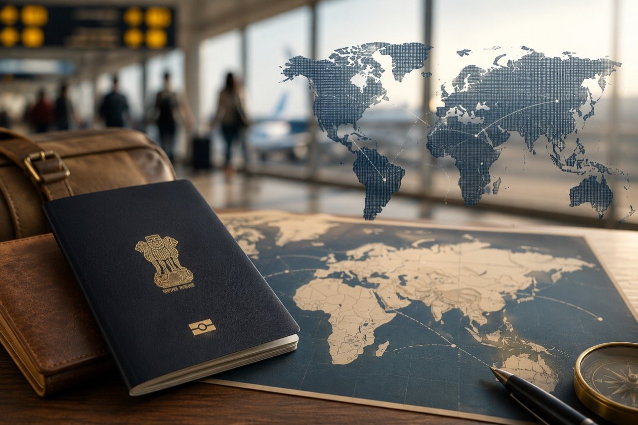 An Indian passport resting on a world map beside boarding passes and visa stamps, with an airport departure board blurred in the background
