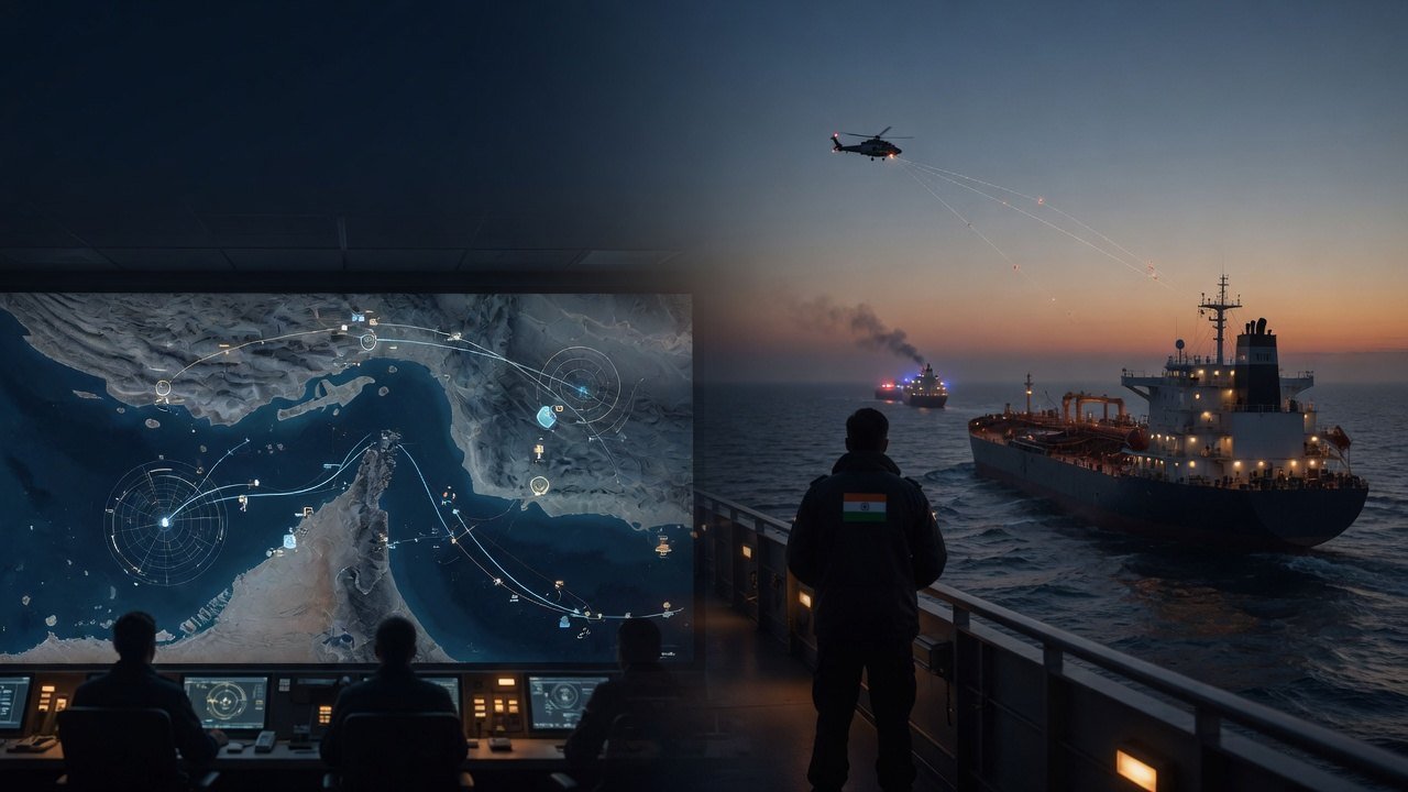 A maritime operations room tracks vessels on a Strait of Hormuz map as a cargo ship sails at dusk